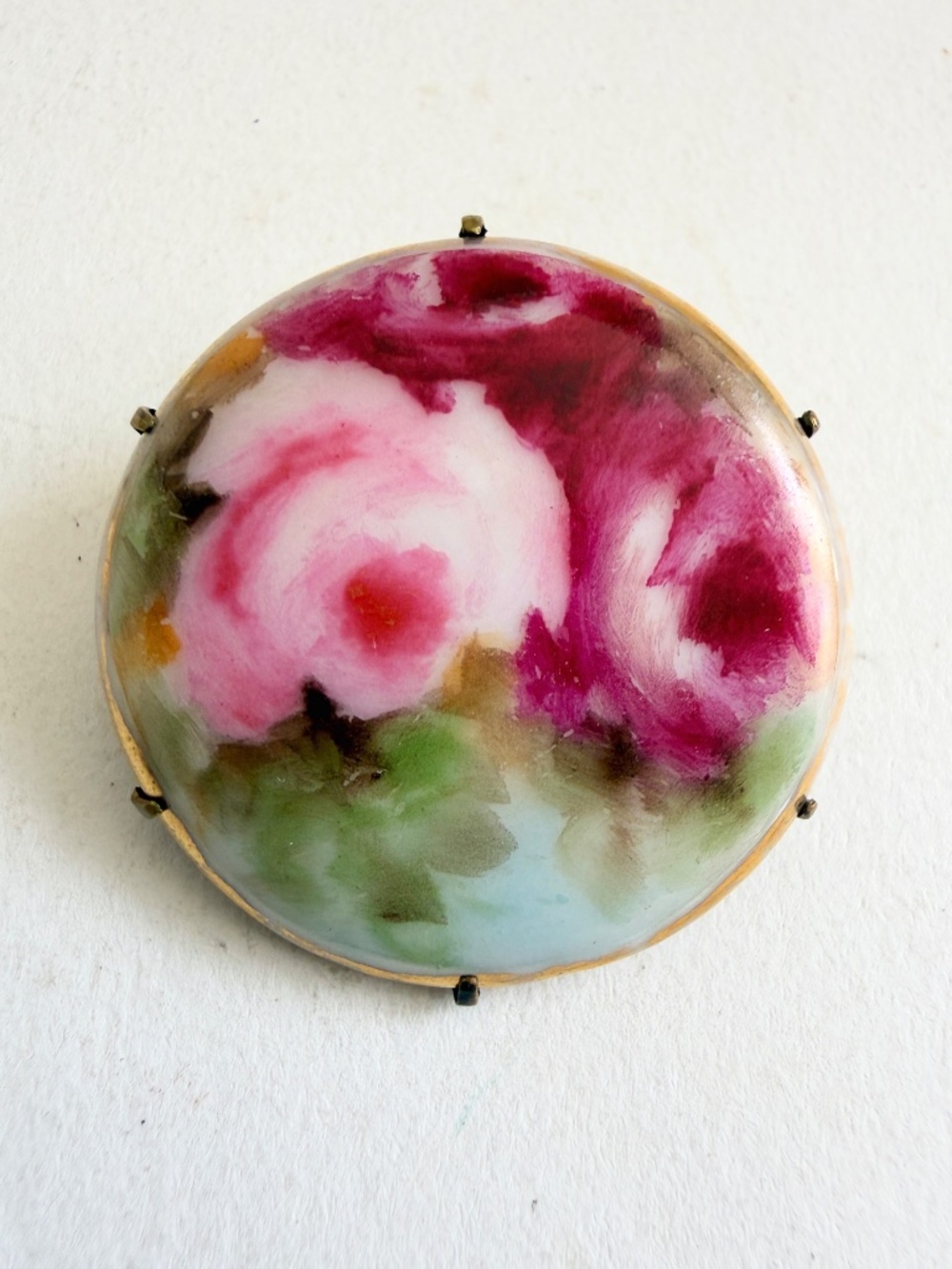 Antique Victorian hand painted roses on porcelain brooch pin back